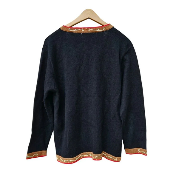 Vtg Black Embroidered Beaded Rooster Chicken Cardigan Large Grannycore Colorful - Picture 2 of 8